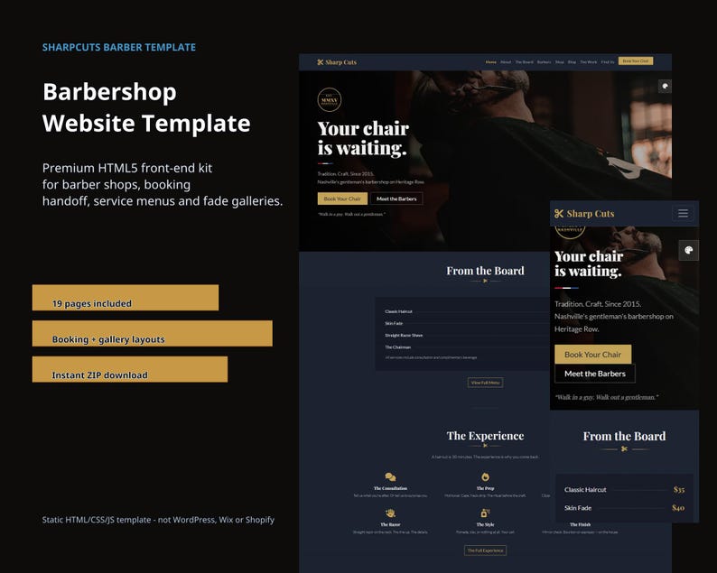 SharpCuts barbershop website template first image showing real desktop and mobile homepage previews with booking, service menu, fade gallery, documentation and instant HTML template download positioning.