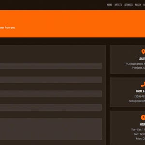 May include: A website contact page for Inkcraft, with an orange and brown colour scheme. The page includes a contact form with fields for name, email, phone, subject, and message. Additional sections display location, phone, email, and business hours.
