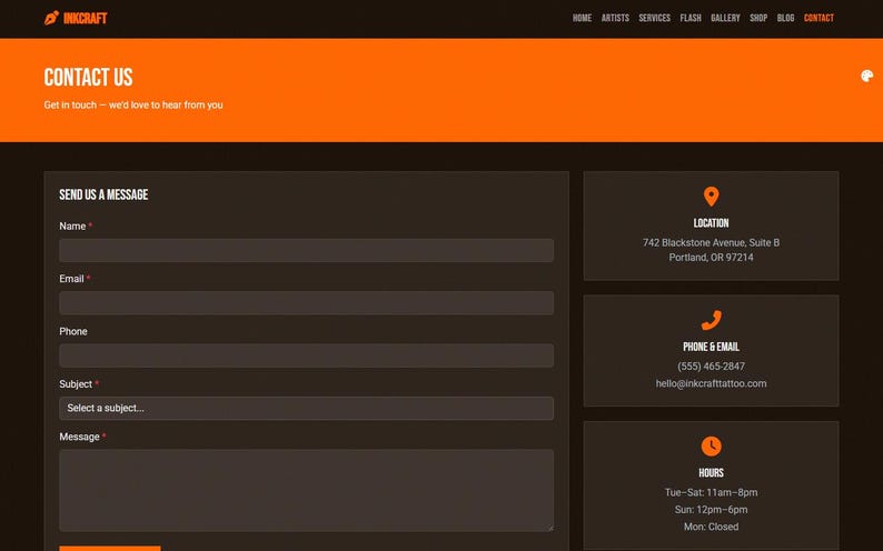 May include: A website contact page for Inkcraft, with an orange and brown colour scheme. The page includes a contact form with fields for name, email, phone, subject, and message. Additional sections display location, phone, email, and business hours.