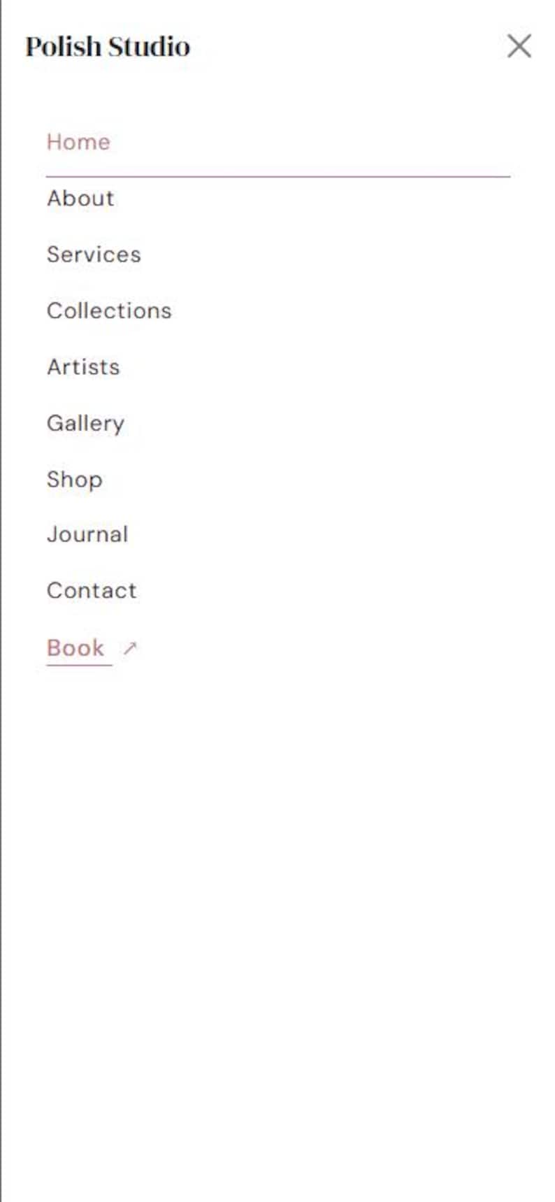 Peut inclure: Capture d'&eacute;cran d'un menu de site web mobile pour Polish Studio. Le menu comprend des options pour Accueil, &Agrave; propos, Services, Collections, Artistes, Galerie, Boutique, Journal, Contact et R&eacute;server.