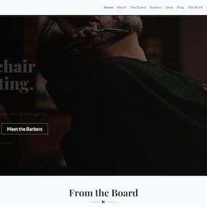 May include: A website screenshot for Sharp Cuts barbershop. The text "Your chair is waiting" is displayed. Buttons read "Book Your Chair" and "Meet the Barbers". The shop's logo is visible in the top left corner.