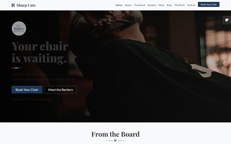 May include: A website screenshot for Sharp Cuts barbershop. The text "Your chair is waiting" is displayed. Buttons read "Book Your Chair" and "Meet the Barbers". The shop's logo is visible in the top left corner.