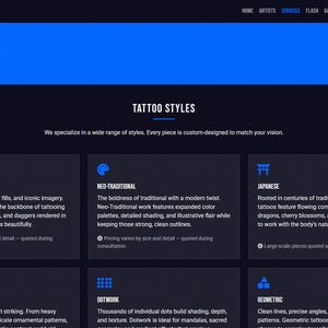 May include: A website for Inkcraft tattoo studio, showcasing various tattoo styles. The page has a blue header with navigation links and a section titled "Our Services." Descriptions include Traditional, Neo-Traditional, Japanese, Blackwork, Dotwork, and Geometric styles.