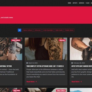 May include: A website page with a red header and a dark grey background. The page is titled "BLOG" and features articles on tattoo culture, aftercare, and studio news. Articles include "The History of American Traditional Tattoos" and "Your Complete Tattoo Aftercare Guide."