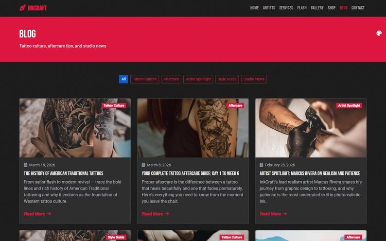 May include: A website page with a red header and a dark grey background. The page is titled "BLOG" and features articles on tattoo culture, aftercare, and studio news. Articles include "The History of American Traditional Tattoos" and "Your Complete Tattoo Aftercare Guide."