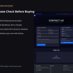 DetailPro website template fit-check slide explaining it is an HTML, CSS, and JavaScript template, not WordPress, Wix, or Shopify, and requires web hosting.