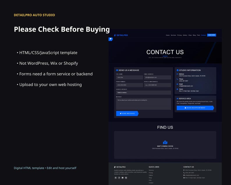 DetailPro website template fit-check slide explaining it is an HTML, CSS, and JavaScript template, not WordPress, Wix, or Shopify, and requires web hosting.