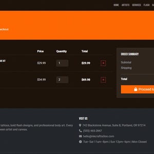 InkCraft tattoo artist website template shopping cart page showing tattoo aftercare products, order summary, dark ecommerce layout, and checkout-style cart UI for a tattoo studio HTML template.