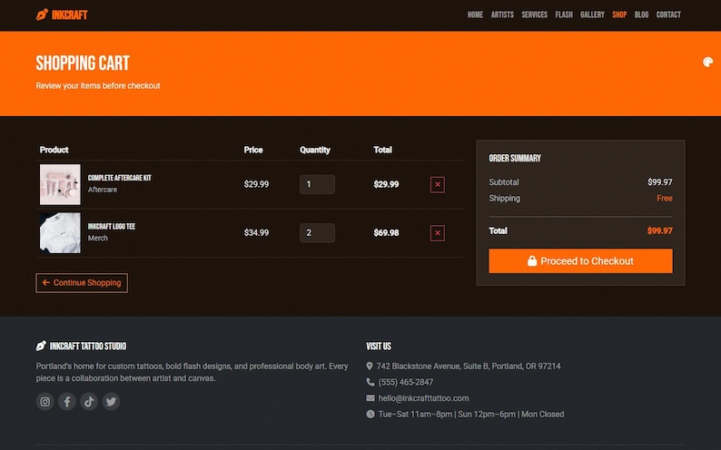 InkCraft tattoo artist website template shopping cart page showing tattoo aftercare products, order summary, dark ecommerce layout, and checkout-style cart UI for a tattoo studio HTML template.