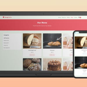 K&ouml;nnte beinhalten: Ein Laptop und ein Smartphone, die das Men&uuml; einer B&auml;ckerei-Website anzeigen. Die Website zeigt Bilder von Sauerteigbrot, Croissants und Kuchen. Der Header der Website ist rot und der Text "Our Menu" ist sichtbar.