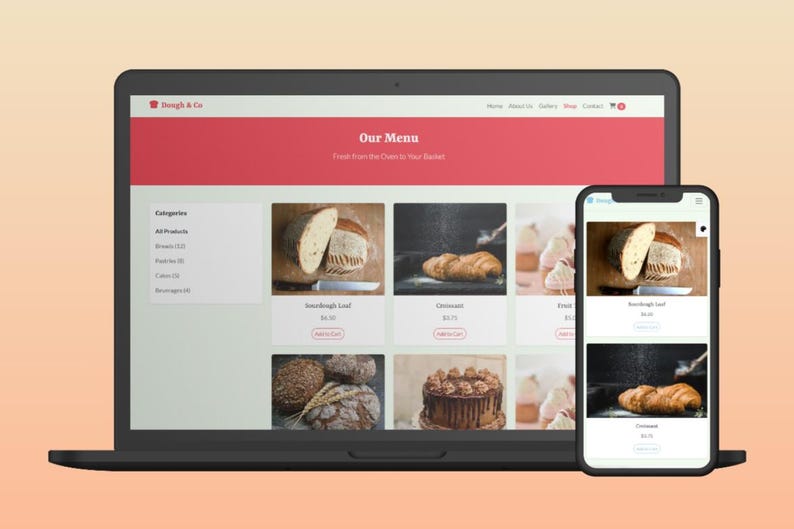 K&ouml;nnte beinhalten: Ein Laptop und ein Smartphone, die das Men&uuml; einer B&auml;ckerei-Website anzeigen. Die Website zeigt Bilder von Sauerteigbrot, Croissants und Kuchen. Der Header der Website ist rot und der Text "Our Menu" ist sichtbar.