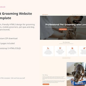 PawParlor pet grooming website template hero slide: warm, friendly HTML5 design for grooming salons, mobile groomers, pet spas, and dog daycare brands.