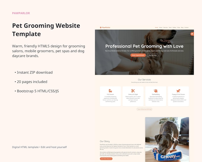 PawParlor pet grooming website template hero slide: warm, friendly HTML5 design for grooming salons, mobile groomers, pet spas, and dog daycare brands.