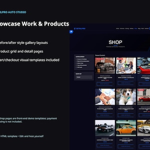 DetailPro website template slide showing gallery and shop demo layouts, before-after style galleries, product grid pages, and cart or checkout visual templates.