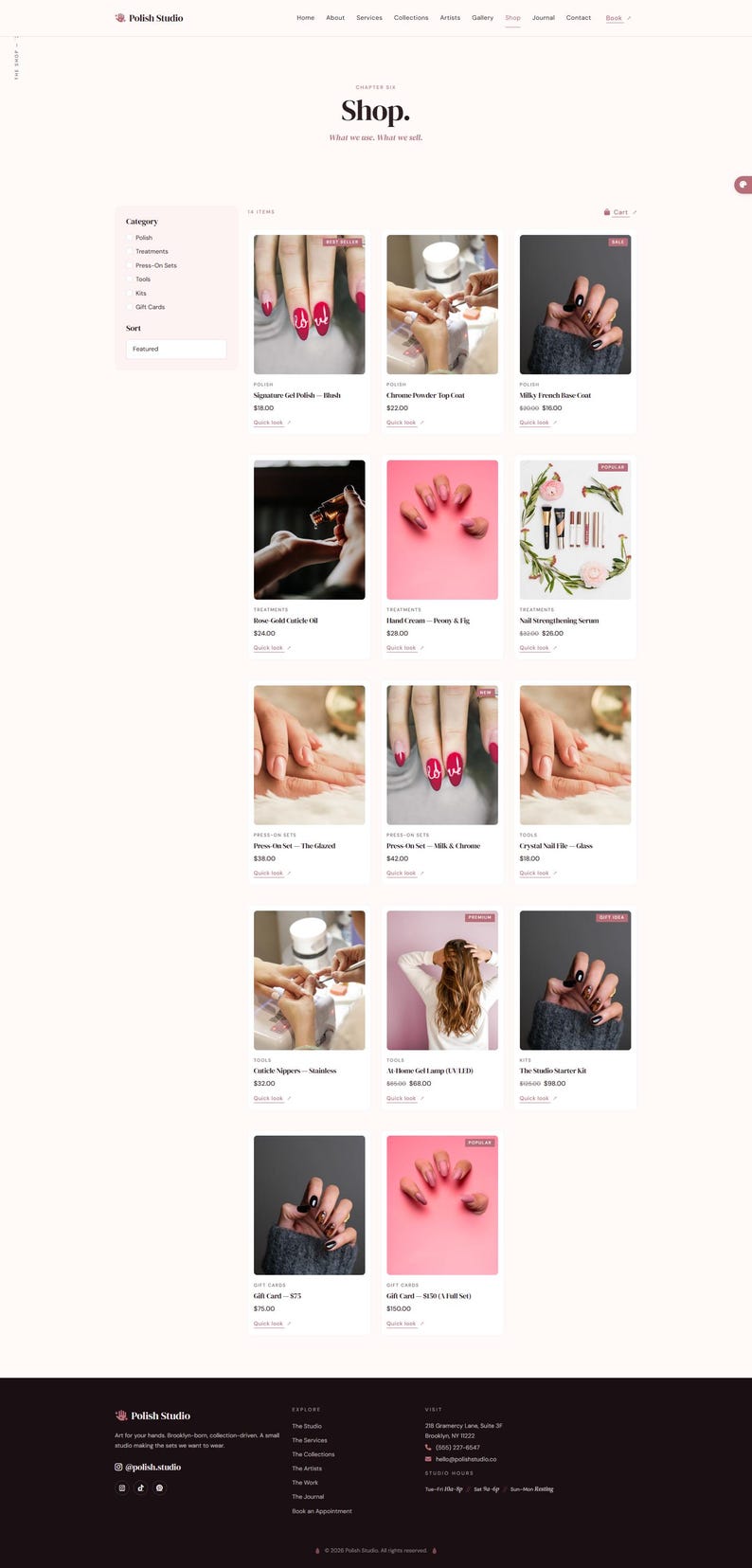 Peut inclure: Page web "Shop" de Polish Studio, pr&eacute;sentant des produits de soins des ongles. La page pr&eacute;sente des images d'ongles manucur&eacute;s, d'outils pour les ongles et d'articles connexes. La palette de couleurs est rose clair et blanche, avec les noms et prix des produits.