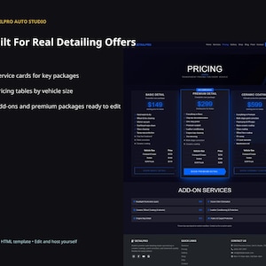 DetailPro website template slide for real detailing offers, including service cards, pricing tables by vehicle size, add-ons, and premium packages.
