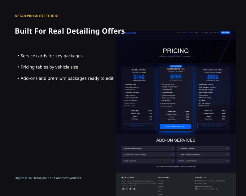 DetailPro website template slide for real detailing offers, including service cards, pricing tables by vehicle size, add-ons, and premium packages.
