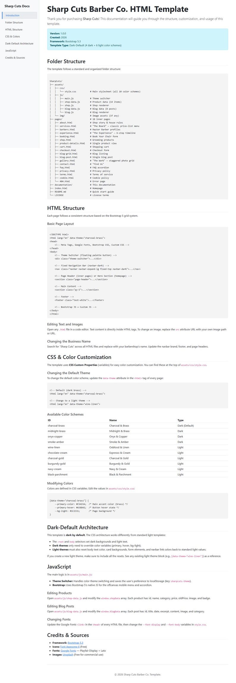 May include: Documentation for Sharp Cuts Barber Co. HTML Template, version 1.0.0, built with Bootstrap 5.3. The document details folder structure, HTML structure, CSS, colour customisation, and JavaScript. Includes available colour schemes and editing instructions.
