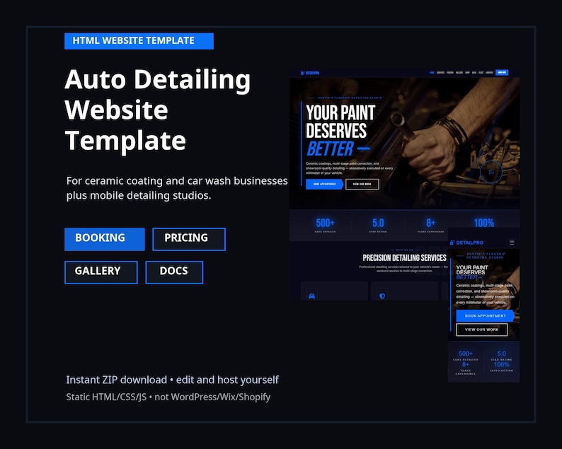 DetailPro auto detailing website template first image showing real desktop and mobile previews, with booking, pricing, gallery, and documentation features for car wash, ceramic coating, and mobile detailing businesses.