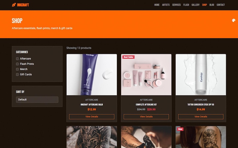 May include: A website shop page displaying tattoo aftercare products. The page has a dark brown background with an orange header. Products include aftercare balm, a complete aftercare kit, and a sunscreen stick.