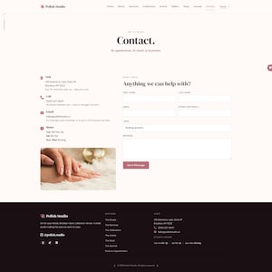 Peut inclure: Page web de Polish Studio avec un formulaire de contact. Il comprend des champs pour le nom, l'e-mail et le message. La page comprend des coordonn&eacute;es, une photo d'ongles manucur&eacute;s et une barre de navigation.
