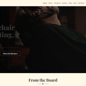 May include: Website homepage for Sharp Cuts barbershop. The image features the text "Your chair is waiting." and buttons to book an appointment or meet the barbers. The shop's logo is also visible.
