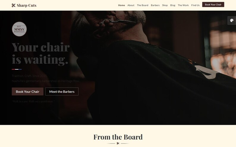 May include: Website homepage for Sharp Cuts barbershop. The image features the text "Your chair is waiting." and buttons to book an appointment or meet the barbers. The shop's logo is also visible.