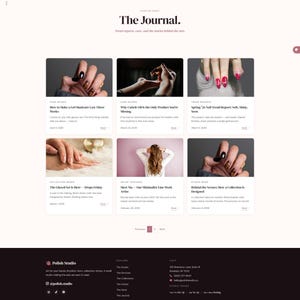 Peut inclure: Une page de site web pour Polish Studio, pr&eacute;sentant des articles sur les soins et les tendances des ongles. La page comprend le titre "The Journal" et des aper&ccedil;us d'articles avec des images de manucures et de sujets connexes.