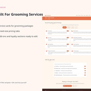 PawParlor website template slide for grooming services, including service cards, breed-size pricing tabs, add-ons, and loyalty sections ready to edit.