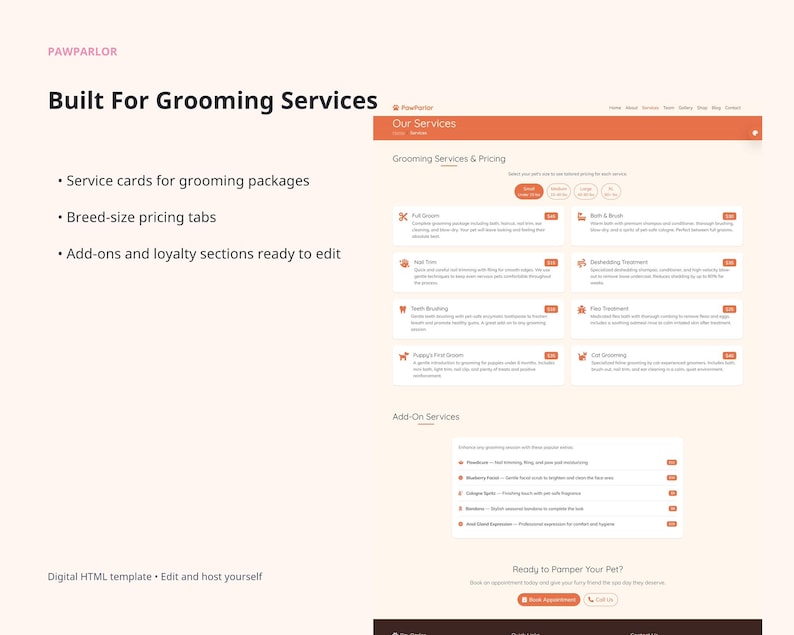 PawParlor website template slide for grooming services, including service cards, breed-size pricing tabs, add-ons, and loyalty sections ready to edit.