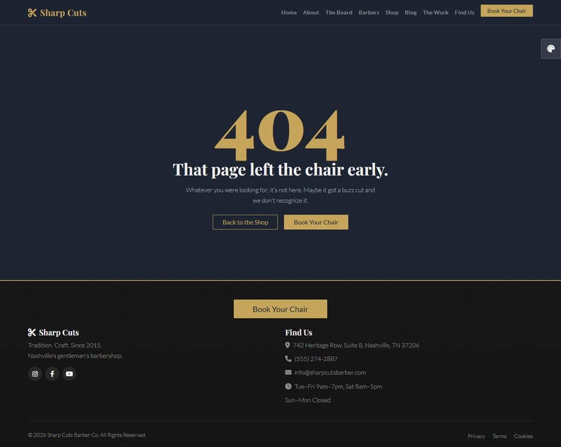 May include: A dark blue webpage from Sharp Cuts displays a 404 error message in gold, reading "That page left the chair early." The site's logo and navigation bar are at the top. Buttons say "Back to the Shop" and "Book Your Chair."