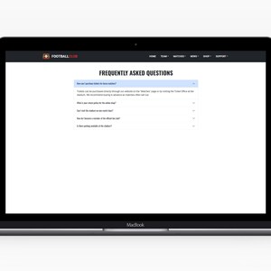 May include: A black MacBook laptop showing a webpage with the text "FREQUENTLY ASKED QUESTIONS". The website's header includes a sports team logo. The screen displays a list of questions and answers.