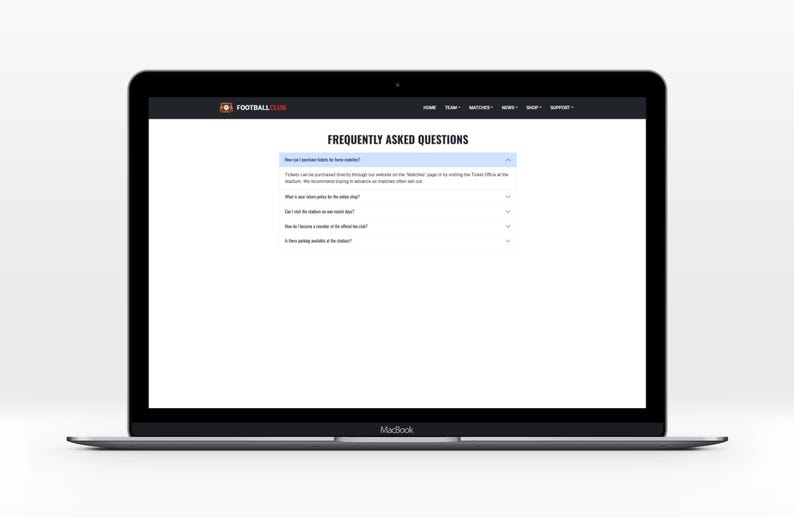 May include: A black MacBook laptop showing a webpage with the text "FREQUENTLY ASKED QUESTIONS". The website's header includes a sports team logo. The screen displays a list of questions and answers.