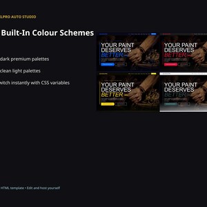 DetailPro website template slide showing 10 built-in colour schemes with dark premium palettes, clean light palettes, and CSS variable customisation.