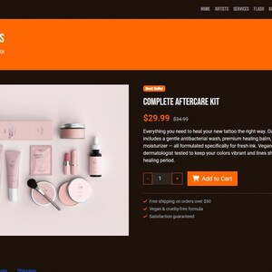 May include: A complete tattoo aftercare kit, presented with various pink cosmetic products, such as creams, balms, and a serum. The kit includes the text "COMPLETE AFTERCARE KIT" and is designed to aid in the healing of new tattoos. The kit is vegan and cruelty-free.