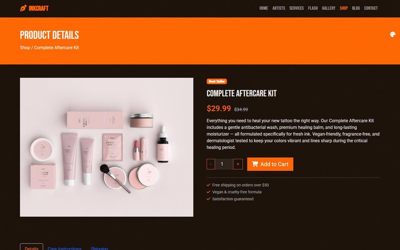 May include: A complete tattoo aftercare kit, presented with various pink cosmetic products, such as creams, balms, and a serum. The kit includes the text "COMPLETE AFTERCARE KIT" and is designed to aid in the healing of new tattoos. The kit is vegan and cruelty-free.
