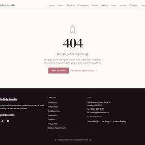 Peut inclure: Page d'erreur d'un site web avec le texte "404 That page has chipped off." Le design est minimaliste, avec un sch&eacute;ma de couleurs rose et blanc. Le logo Polish Studio est visible en haut et en bas de la page.