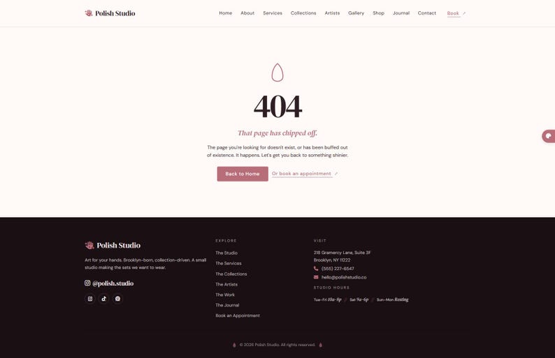 Peut inclure: Page d'erreur d'un site web avec le texte "404 That page has chipped off." Le design est minimaliste, avec un sch&eacute;ma de couleurs rose et blanc. Le logo Polish Studio est visible en haut et en bas de la page.