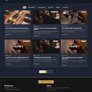 May include: A website screenshot for Sharp Cuts barbershop, with articles on grooming and style. The header reads "From the Chair." Articles include "How to Ask Your Barber for the Perfect Fade" and "Why a Straight Razor Shave Is Worth the Experience." The site has a dark theme.