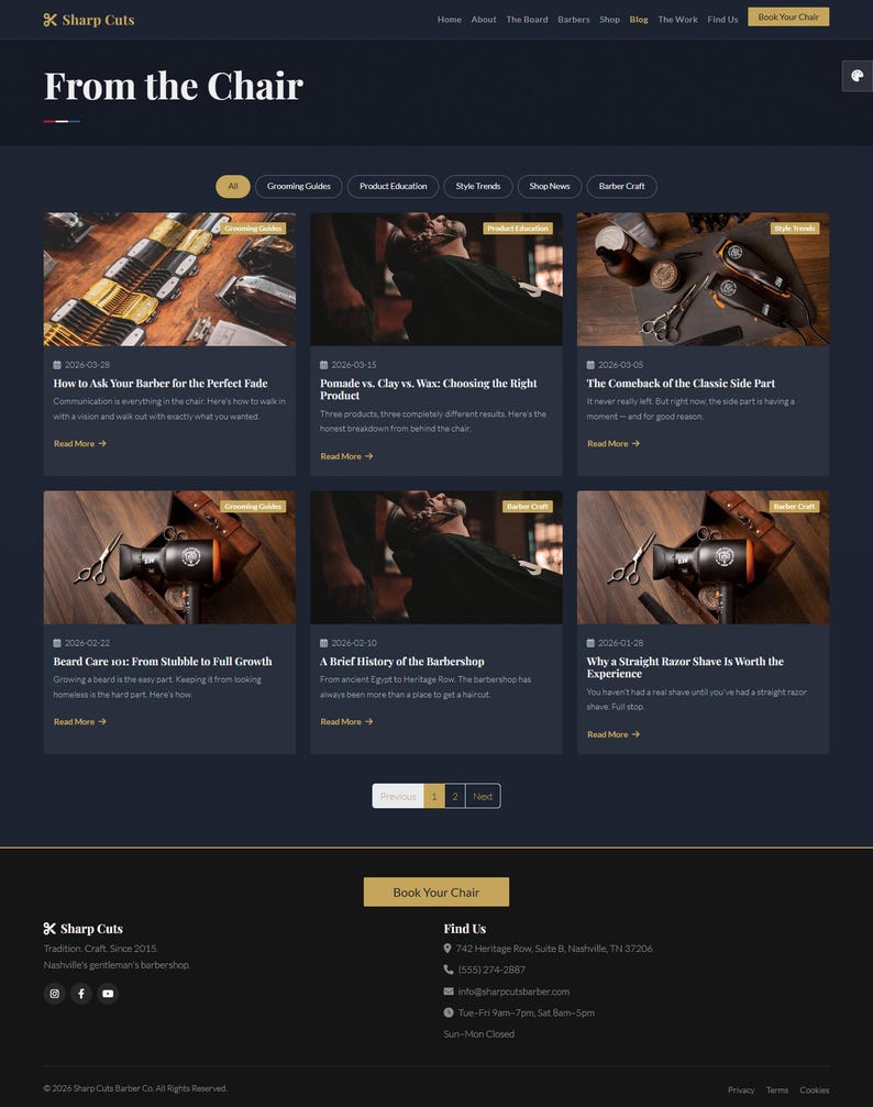 May include: A website screenshot for Sharp Cuts barbershop, with articles on grooming and style. The header reads "From the Chair." Articles include "How to Ask Your Barber for the Perfect Fade" and "Why a Straight Razor Shave Is Worth the Experience." The site has a dark theme.