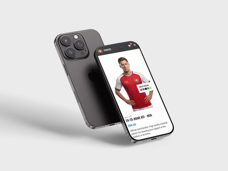 May include: Two smartphones, one dark grey and one black, showing a red and white football shirt. The shirt is on a website with the text "24/25 HOME KIT - MEN". The phone has a triple-lens camera.
