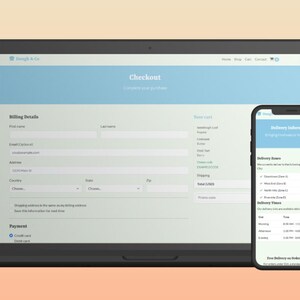 K&ouml;nnte beinhalten: Ein Laptop und ein Smartphone, die eine Checkout-Seite anzeigen. Der Laptop zeigt Rechnungsdetails an, w&auml;hrend das Telefon Lieferinformationen anzeigt. Beide Bildschirme haben einen hellblauen Header und einen wei&szlig;en Hintergrund mit schwarzem Text.