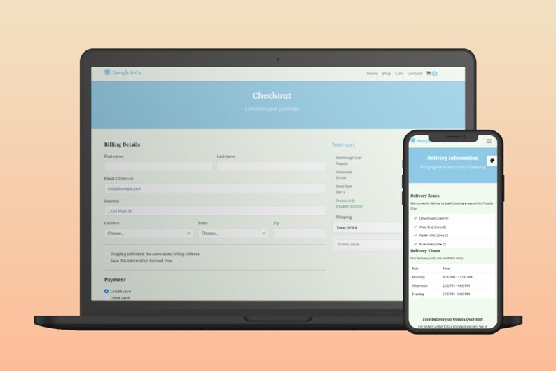 K&ouml;nnte beinhalten: Ein Laptop und ein Smartphone, die eine Checkout-Seite anzeigen. Der Laptop zeigt Rechnungsdetails an, w&auml;hrend das Telefon Lieferinformationen anzeigt. Beide Bildschirme haben einen hellblauen Header und einen wei&szlig;en Hintergrund mit schwarzem Text.