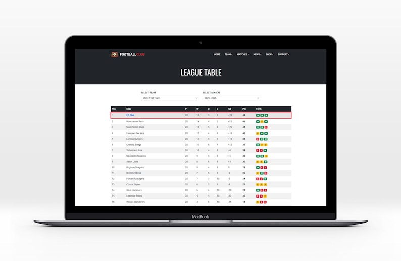 May include: A MacBook laptop showing a football league table. The screen displays a black and red table with team standings, including points, wins, losses, and goal differences. The website's header includes the text "FOOTBALL CLUB".