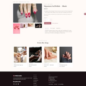 Peut inclure: Page web pr&eacute;sentant le vernis &agrave; ongles "Signature Gel Polish - Blush". L'image principale montre une main avec de longs ongles peints en rouge vif. Les d&eacute;tails du produit et le prix sont affich&eacute;s.