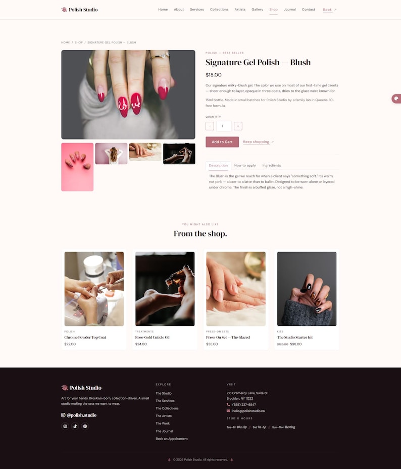 Peut inclure: Page web pr&eacute;sentant le vernis &agrave; ongles "Signature Gel Polish - Blush". L'image principale montre une main avec de longs ongles peints en rouge vif. Les d&eacute;tails du produit et le prix sont affich&eacute;s.