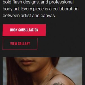 May include: Website for Inkcraft, a Portland tattoo studio. The site features the text "YOUR VISION. OUR CRAFT. PERMANENT ART." A woman's arm displays a detailed floral tattoo. Buttons read "BOOK CONSULTATION" and "VIEW GALLERY."