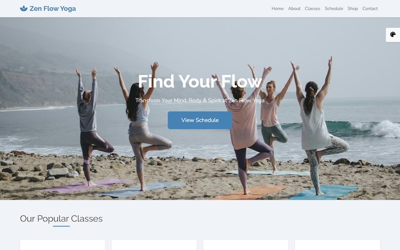 May include: Website homepage for Zen Flow Yoga. The image shows five people in yoga poses on a beach. The text "Find Your Flow" is displayed with a call to action button. The website navigation includes links for Home, About, Classes, Schedule, Shop, and Contact.
