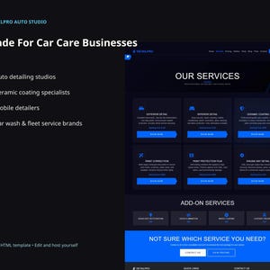 DetailPro website template slide showing ideal buyers: auto detailing studios, ceramic coating specialists, mobile detailers, car wash, and fleet service brands.