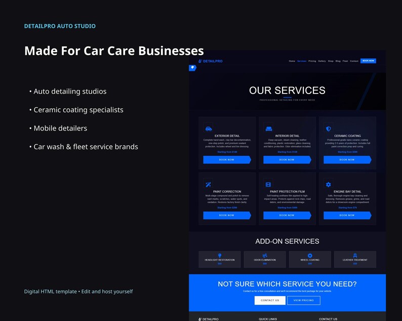DetailPro website template slide showing ideal buyers: auto detailing studios, ceramic coating specialists, mobile detailers, car wash, and fleet service brands.